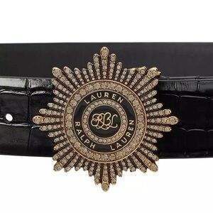 NWT Ralph Lauren Black Croc-Embossed Leather Belt Jewel stones Sunburst Buckle